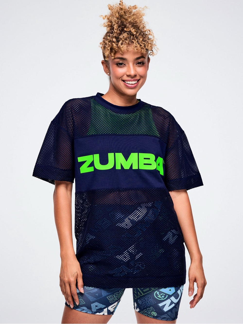 Zumba Fitness Navy Mesh Tee with Neon Green Logo